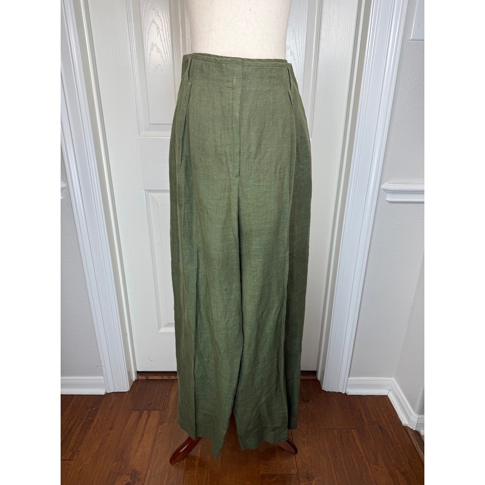 Liz Claiborne Olive Green 100% Linen Wide Leg Pleated Trousers Size 16 High Rise